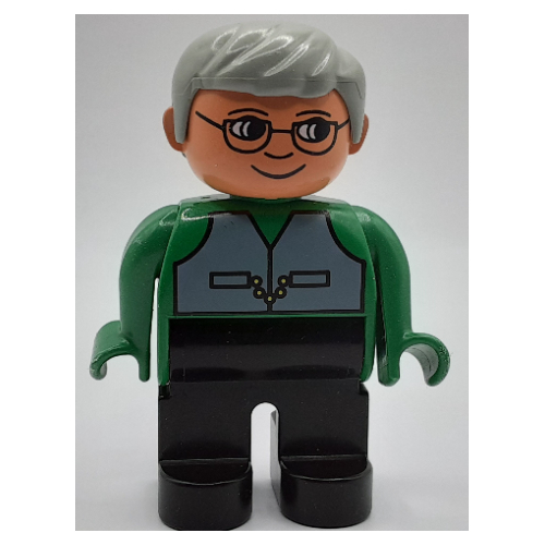 Duplo Figure, Early, with Short Parted Hair Light Gray, Black Legs, Gray Vest, Nose, Glasses Print Green