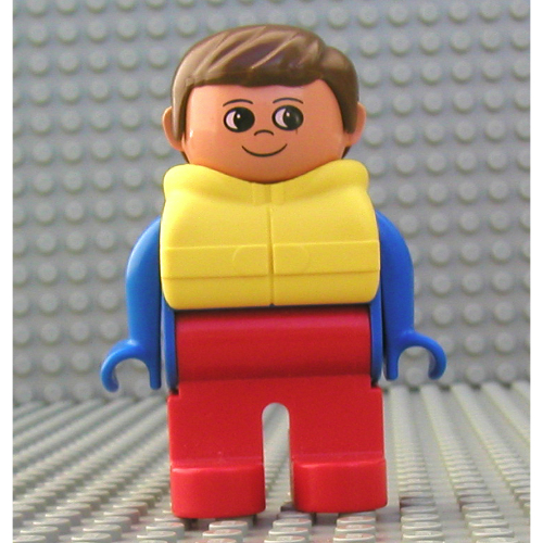 Duplo Figure, Early, with Short Parted Hair Brown, Red Legs, Yellow Life Jacket Blue