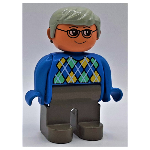 Duplo Figure, Early, with Short Parted Hair Light Gray, Dark Gray Legs, Argyle Sweater Print Blau