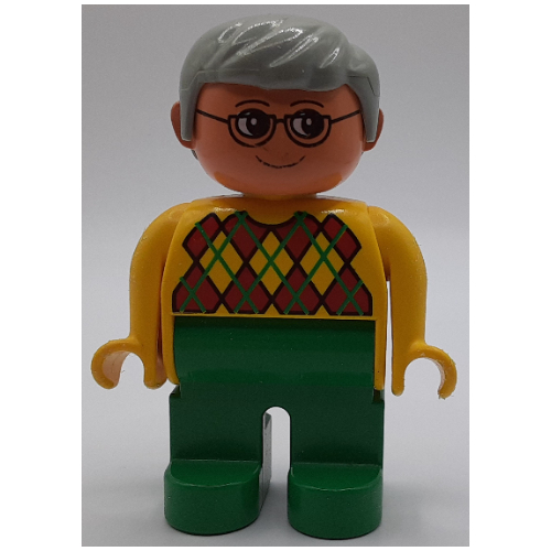 Duplo Figure, Early, with Short Parted Hair Light Gray, Green Legs, Argyle Sweater Print Gelb