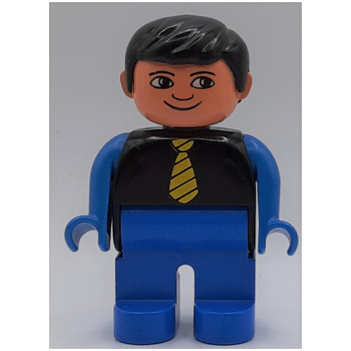 Duplo Figure, Early, with Short Parted Hair Black, Blue Legs, Yellow Tie, Blue Arms, White Eyes Print Black