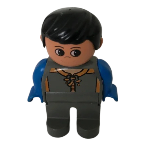 Duplo Figure, Early, with Short Parted Hair Black, Dark Gray Legs, Blue Arms, Shirt Print Dunkelgrau