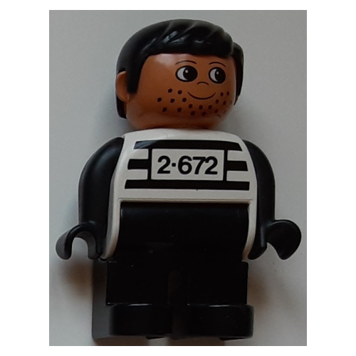 Duplo Figure, Early, with Short Parted Hair Black, Black Legs, Black Arms, Black Stripes and '2-672' Print (Criminal) White