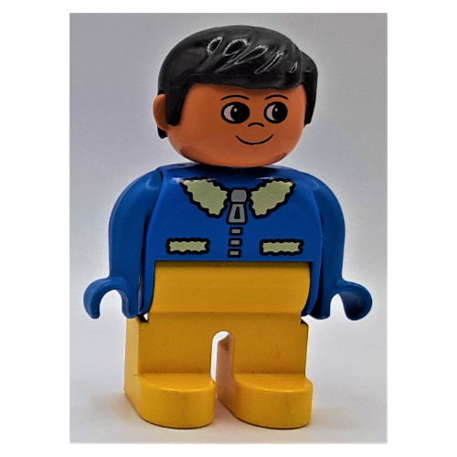 Duplo Figure, Early, with Short Parted Hair Black, Yellow Legs, Jacket with Zipper and Fur Collar Print Blau