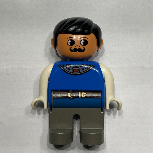 Duplo Figure, Early, with Short Parted Hair Black, Dark Gray Legs, White Arms, Moustache (Actor) Blau