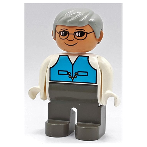 Duplo Figure, Early, with Short Parted Hair Light Gray, Dark Gray Legs, Medium Blue Vest, Glasses Print Weiß