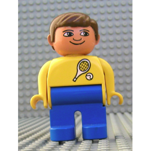 Duplo Figure, Early, with Short Parted Hair Brown, Blue Legs, White Tennis Racket and Ball Print Yellow