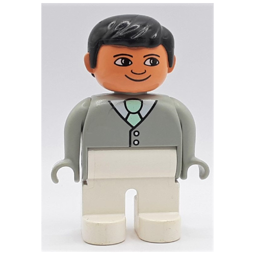 Duplo Figure, Early, with Short Parted Hair Black, White Legs, Buttons, Light Green Tie Print Hellgrau