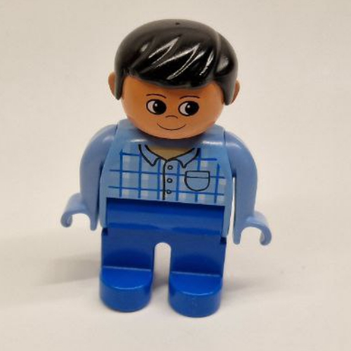 Duplo Figure, Early, with Short Parted Hair Black, Blue Legs, Plaid Shirt with Pocket and Collar Print Medium Blue
