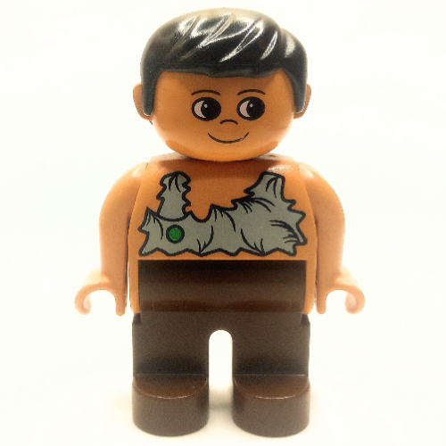 Duplo Figure, Early, with Short Parted Hair Black, Brown Legs, Rag Shirt with Green Spot Print (Caveman) Nougat