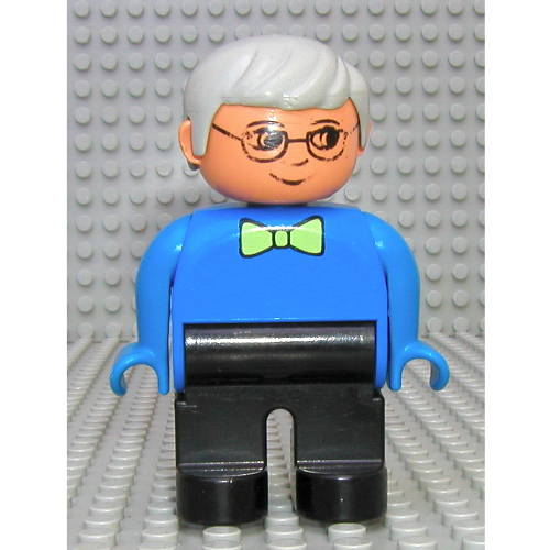 Duplo Figure, Early, with Short Parted Hair Light Gray, Black Legs, Light Lime Bow Tie, Glasses Print Blau