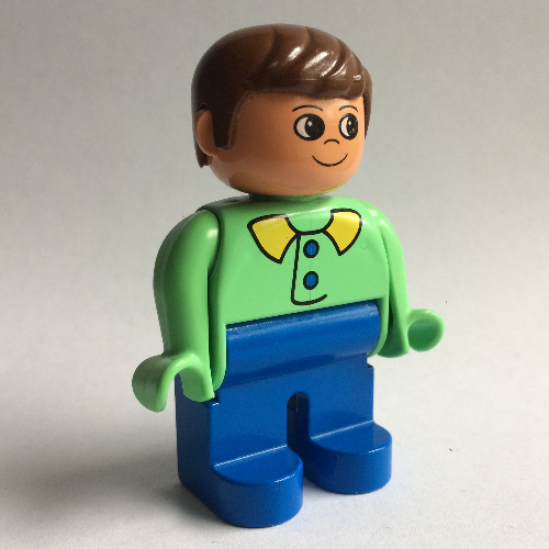 Duplo Figure, Early, with Short Parted Hair Brown, Blue Legs, Blue Buttons and Lime Collar Print Medium Green