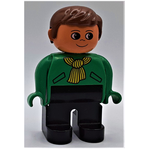 Duplo Figure, Early, with Short Parted Hair Brown, Black Legs, Yellow Scarf Print Green