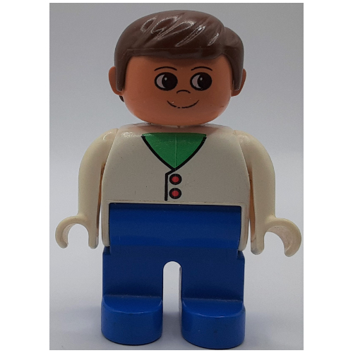 Duplo Figure, Early, with Short Parted Hair Brown, Blue Legs, Cardigan with 2 Buttons and Medium Green Neck Print Weiß