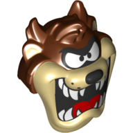 Minifig Head Special, Tan Face, Open Mouth, White Teeth, Red Tongue print (Taz) Reddish Brown
