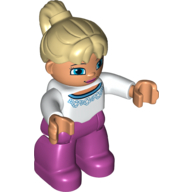 Duplo Figure with Ponytail Tan, with Magenta Legs, White Top with Blue Trim Design, Blue Crescent Eyes White