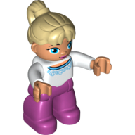 Duplo Figure with Ponytail Tan, with Magenta Legs, White Top with Blue Trim Design, Blue Oval Eyes White
