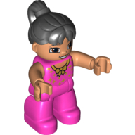 Duplo Figure with Ponytail Black, with Dark Pink Legs and Gold Bow Print Dunkelrosa