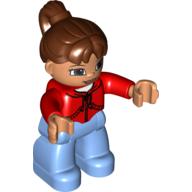 Duplo Figure with Ponytail Reddish Brown, with Brown Eyes, Red Top, Medium Blue Legs Red