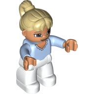 Duplo Figure with Ponytail Tan, with Bright Light Blue Top with Ruffle V-Collar - White Legs Leuchtendes Hellblau