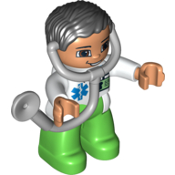 Duplo Figure with Parted Wavy Hair Black, with Attached Stethoscope White