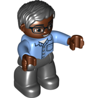 Duplo Figure with Parted Wavy Hair Black, with Glasses on Dark Brown Face Medium Blue