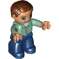 Duplo Figure with Parted Wavy Hair Reddish Brown, with Dark Blue Legs, Sand Green Top with 4 Buttons, and Brown Eyes Sand Green
