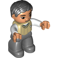 Duplo Figure with Parted Wavy Hair Black, with Dark Bluish Gray Legs, Tan Sweater Vest, White Arms, Brown Eyes Beige