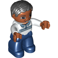 Duplo Figure with Parted Wavy Hair Black, with Medium Nougat Face, and Shirt with Collar and Stripe Print (Hispanic Dad) Weiß