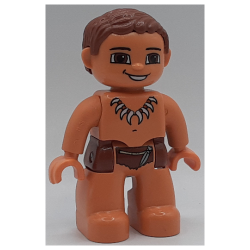 Duplo Figure with Parted Wavy Hair Reddish Brown, Nougat Legs, Reddish Brown Hips, Tooth Necklace Print (Caveman) Nougat