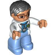 Duplo Figure with Parted Wavy Hair Black, with Glasses, Medic with Medium Blue Legs, Lab Coat and Stethoscope Print Weiß