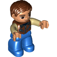 Duplo Figure with Parted Wavy Hair Reddish Brown, with Blue Legs, Reddish Brown Jacket with Zippers, Tan Arms, and Brown Eyes Rotbraun