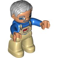 Duplo Figure with Parted Wavy Hair Gray, with Tan Legs, Blue Top with White Overall Bib Blau