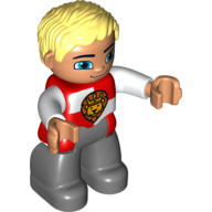 Duplo Figure with Parted Wavy Hair Light Yellow, Dark Bluish Gray Legs, Castle Lion Crest, Nougat Face and Hands Rot