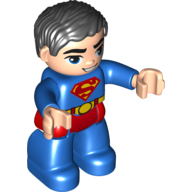 Duplo Figure with Parted Wavy Hair Black, with Light Nougat Face (Superman) Blau