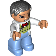 Duplo Figure with Parted Wavy Hair Black, with White Shirt and Green Stripe Apron - Medium Blue Legs - Vendor/Waiter, Square Eyes Weiß