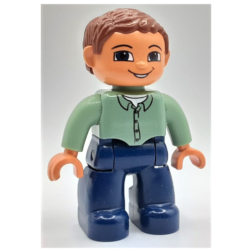Duplo Figure with Parted Wavy Hair Reddish Brown, with Dark Blue Legs, Sand Green Top with 4 Buttons, and Blue Eyes Sand Green