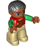 Duplo Figure with Parted Wavy Hair Black, with Red Shirt with Paw Print Badge and Bright Green Sleeves, Medium Nougat Face, Tan Legs Red