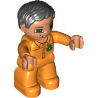 Duplo Figure with Parted Wavy Hair Black, Nougat Hands, Green Recycling Logo, Brown Eyes Print (Garbage Collector) Orange