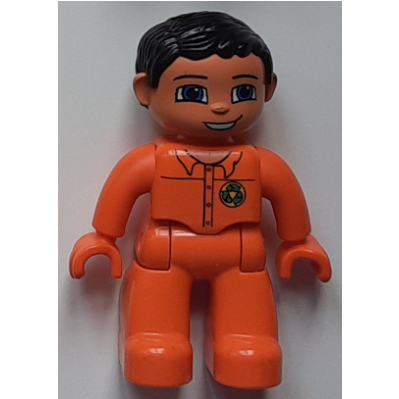 Duplo Figure with Parted Wavy Hair Black, Orange Hands, Green Recycling Logo Print (Garbage Collector) Orange