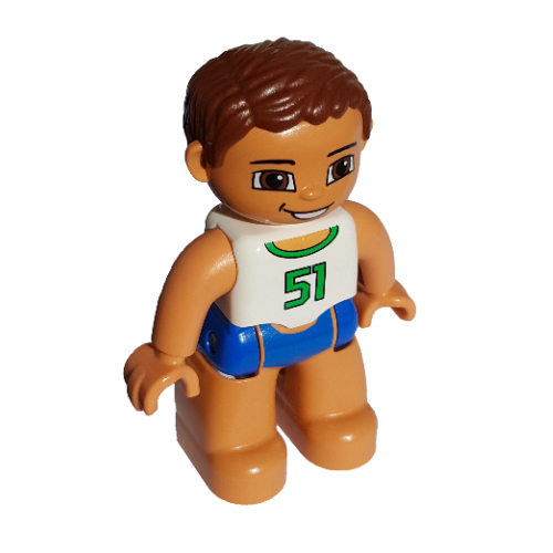 Duplo Figure with Parted Wavy Hair Reddish Brown, Blue Swim Trunks, White Top with '51' Print White