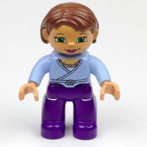 Duplo Figure Bob / Pageboy Hair Reddish Brown, with Dark Purple Legs, Wrap Top with Necklace, Nougat Hands Light Lilac