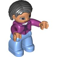 Duplo Figure Bob / Pageboy Hair Black, with Medium Blue Legs, Magenta Top, Brown Eyes Magenta