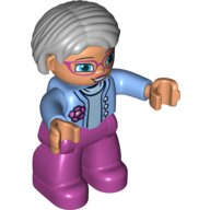 Duplo Figure Bob / Pageboy Hair Gray, with Magenta Legs, Medium Blue Top with Flower, Blue Eyes, Glasses Mittelblau