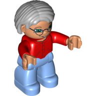 Duplo Figure Bob / Pageboy Hair Gray, with Medium Blue Legs, Red Sweater, Blue Eyes, Glasses Rot