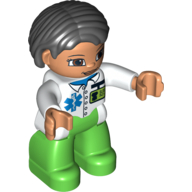 Duplo Figure Bob / Pageboy Hair Black, with Nurse / Medic / Vet - Bright Green Legs White