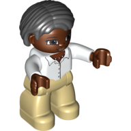 Duplo Figure Bob / Pageboy Hair Black, with Dark Brown Face - White Top with Buttons and Necklace - Tan Legs White