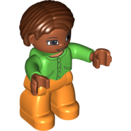 Duplo Figure Bob / Pageboy Hair Reddish Brown, with Medium Nougat Face - Bright Green Top with Buttons and Pockets - Orange Legs Hellgrün
