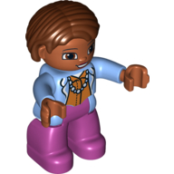 Duplo Figure Bob / Pageboy Hair Reddish Brown, with Magenta Legs, Medium Blue Top with Necklace Medium Blue