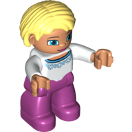 Duplo Figure Bob / Pageboy Hair Light Yellow, with Magenta Legs, White Sweater with Blue Print, Blue Eyes Weiß